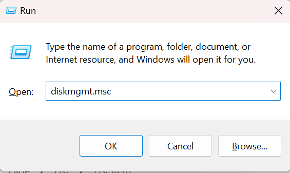screenshot of run command diskmgmt.msc to open disk management