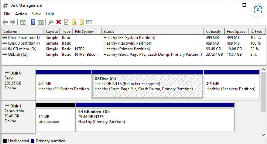 screenshot show the disk management utility as described in text